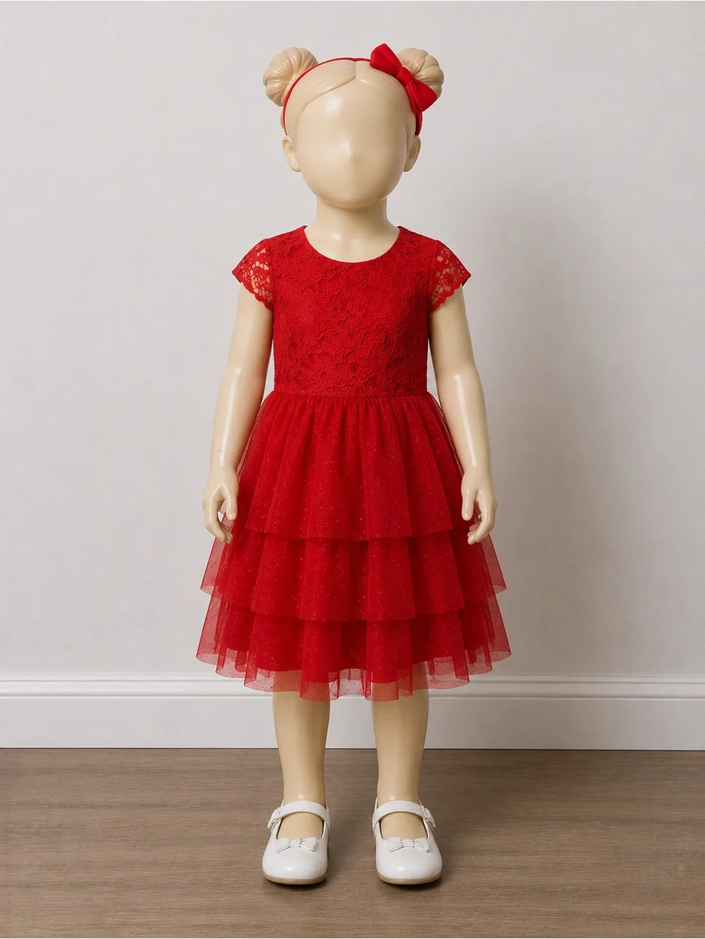 Red Lace & Tiered Tulle Girls' Party Dress with Bow Headband